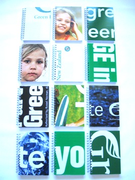 Recycled coreflute notebooks made from Green Party election signs.